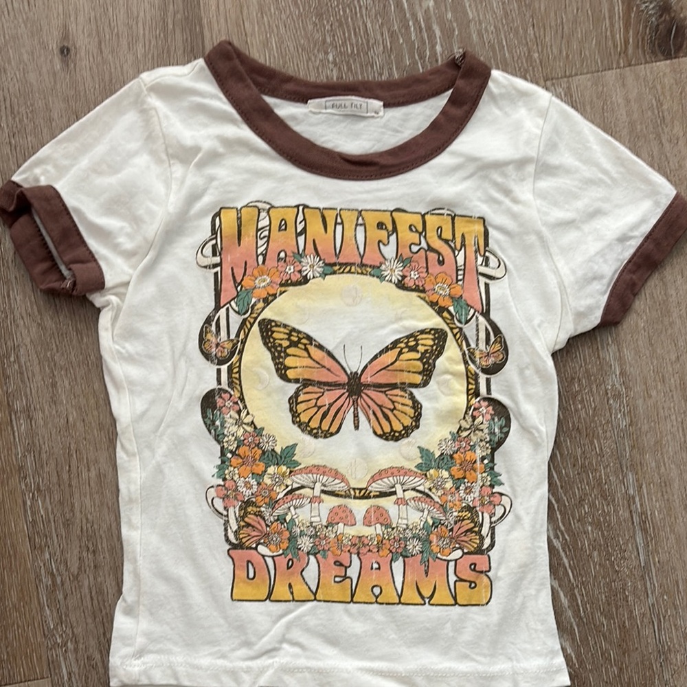 Full tilt White and Brown Short Sleeve Tees with Retro Graphics XS